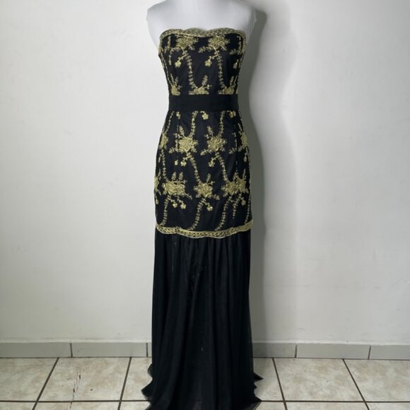 Pearl by Marchesa Women's Black Gold Strapless Maxi Dress Size 4 - Picture 2 of 10